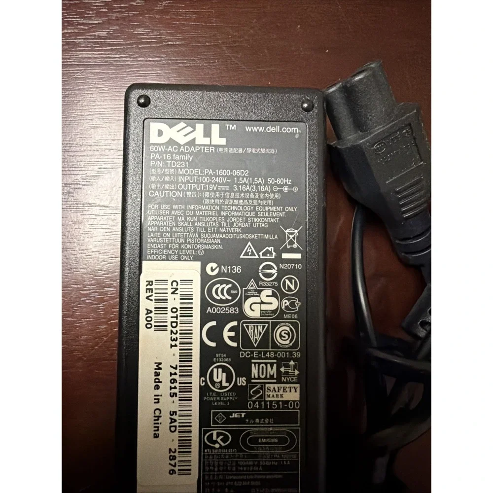 Genuine OEM 60W AC Adapter DELL PA-1600-01 PA-1600-06D2 19V 3.16A